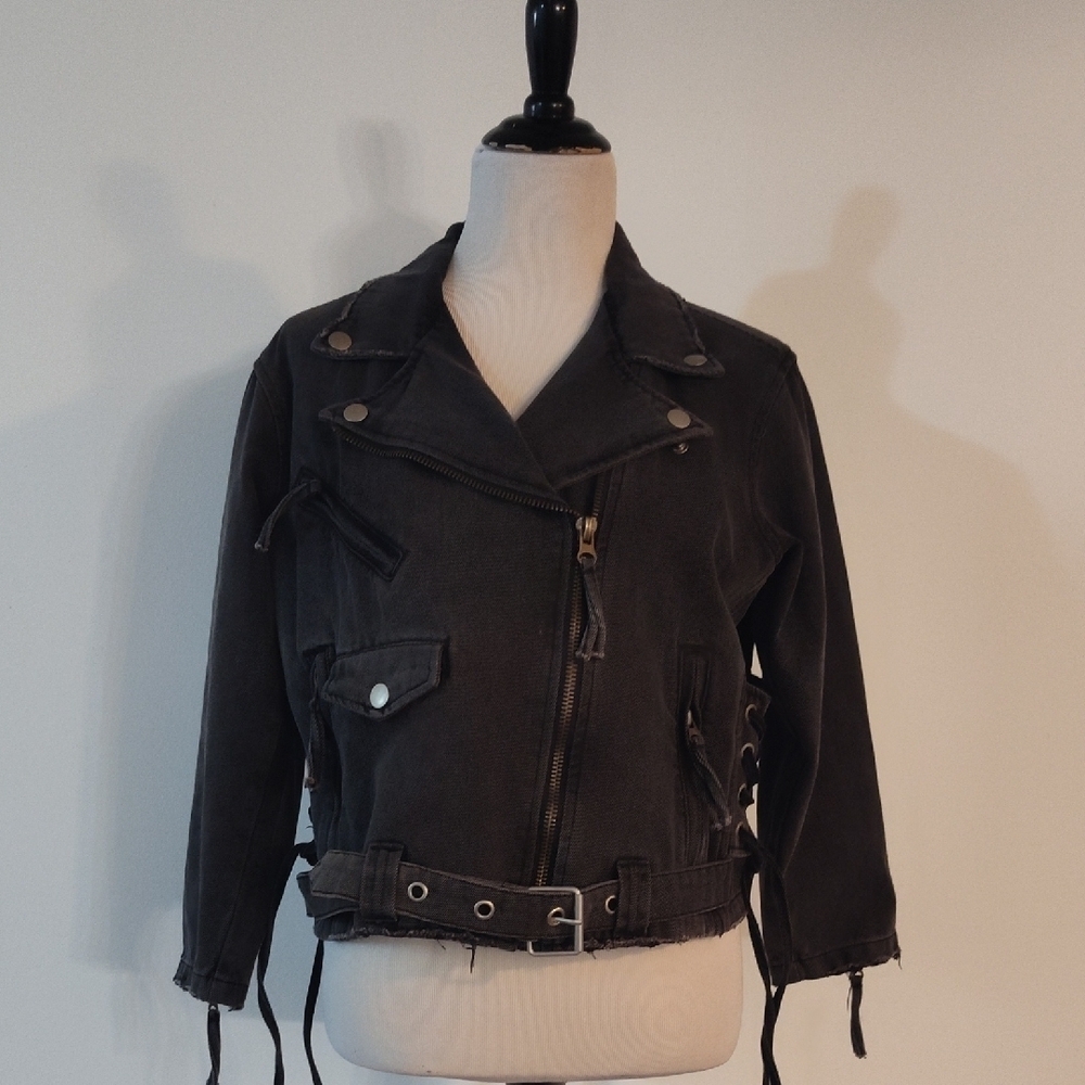 12th tribe faded black Moto jean jacket size small distressed